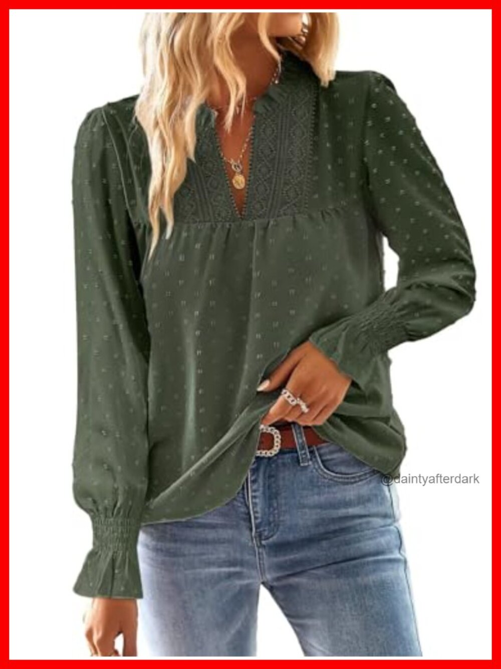 Womens V-Neck Crochet Lace Blouse Long Sleeve Swiss Dot Top